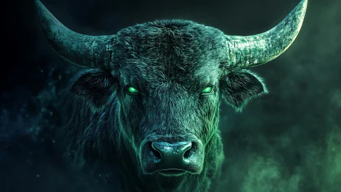 Mystic green-eyed bull emerging from swirling midnight mist.