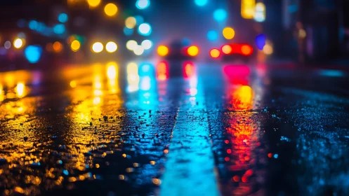 Neon reflections on wet city asphalt at nightfall.