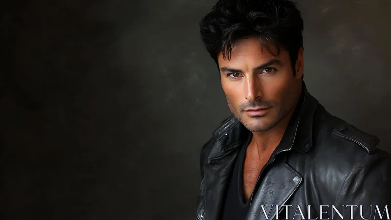 Male subject in leather jacket is posed against dark backdrop