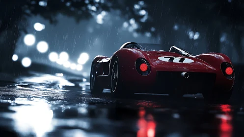 Red vintage race car glows on a rain‑soaked night street