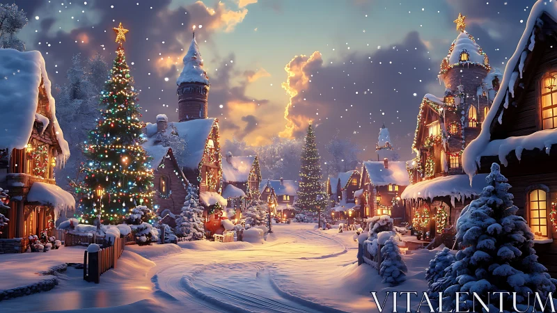 Snow covered village street with decorated Christmas trees.