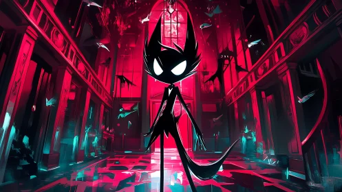 Shadowy cat-like figure stalks a neon haunted cathedral