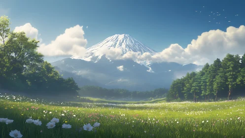 Spring meadow daydream under a gentle snowcapped peak.