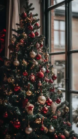 Christmas tree stands by window with dense red gold ornaments