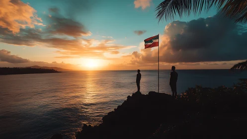 Coastal viewpoint with flag and three silhouettes at sunset.