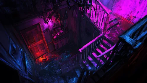 Haunted staircase hallway in neon pink and blue light.