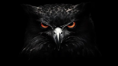 Piercing ember-eyed owl gazes out from deep velvet shadows