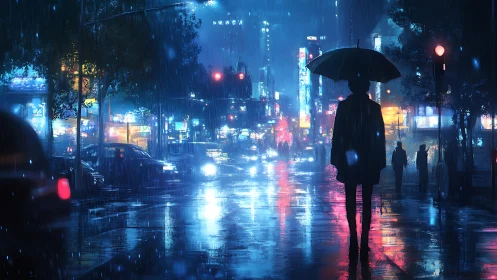 Silhouetted figure crosses neon city street in heavy rain.
