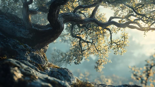 Ancient Twisted Oak Backlighting Foliage Golden Hour