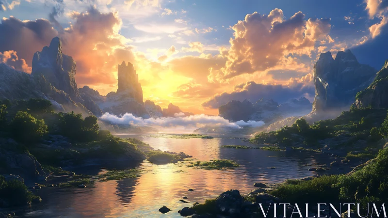 Sunrise river kingdom beneath cloud-crowned stone guardians.