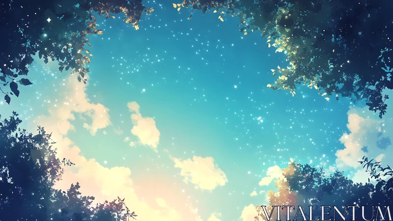 Dreamy forest window opening into a glittering sky.