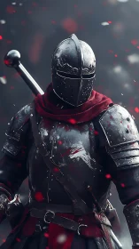 Scarlet-Scarved Iron Knight Amid Ember Storm Stillness.
