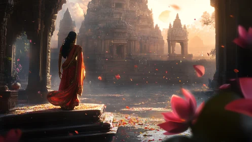 Golden temple morning with drifting petals and quiet wonder.
