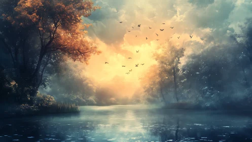 Sunlit forest lake with mist, silhouetted birds, and clouds.