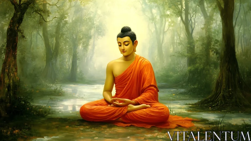 Serene Buddha meditating in luminous forest sanctuary.