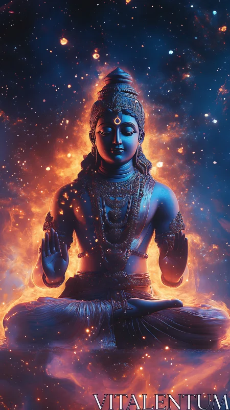 Cosmic blue deity meditates within radiant stellar fire
