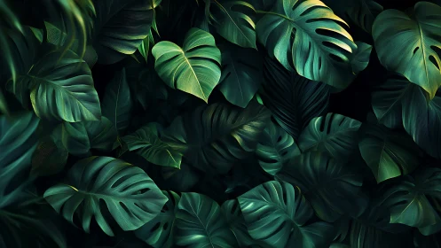 Monstera jungle leaves glow with deep emerald contrast.