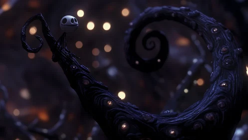 Moonlit skeleton dreamer atop spiraled midnight roots.