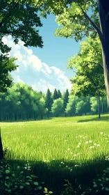 Luminous pastoral landscape with layered verdant foliage architecture.