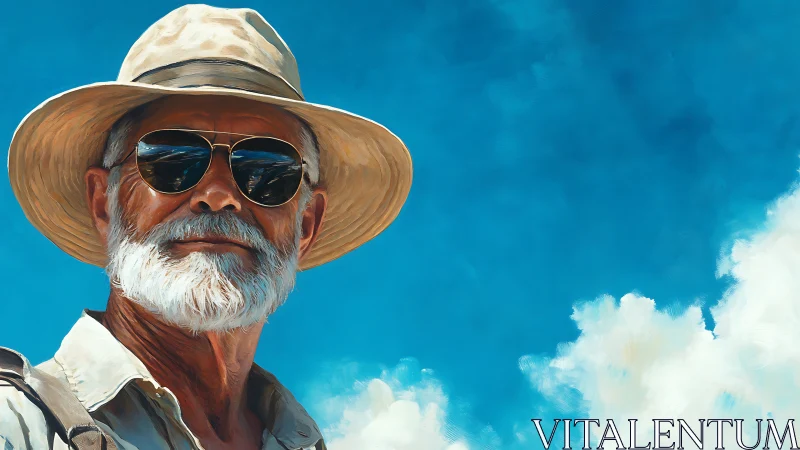 Sunlit aviator-portrait with polarized reflections and cumulus sky.