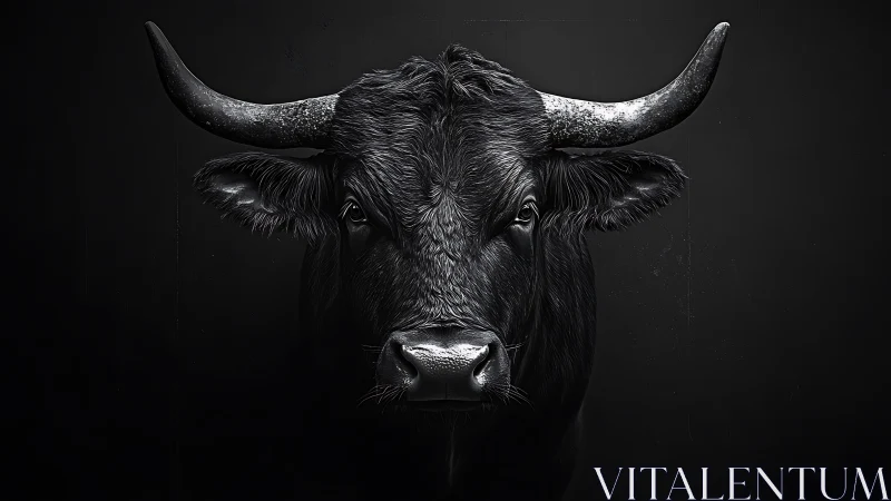 Midnight bull stares down the dark with steel bright horns.