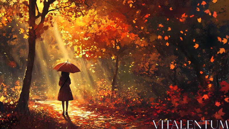 Silhouetted figure under umbrella in dense autumn forest path.
