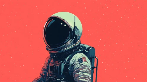 Astronaut illustration against bold coral space backdrop.