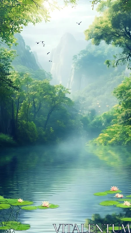 Misty river valley with lush foliage and distant peaks.