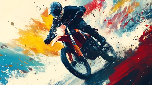 Motocross rider explodes through vivid splashes of speed