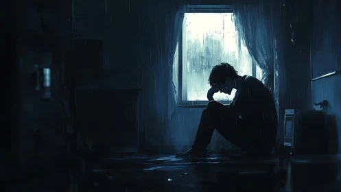 Nocturnal interior silhouette under rain-saturated backlight.