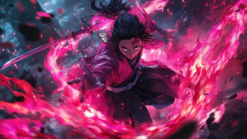 Dynamic katana-wielding warrior channels magenta flame arc