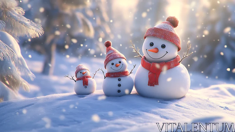 Smiling snowman family in bright snowy winter landscape.