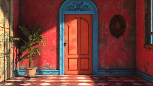 Coral door anchors sunlit distressed red courtyard wall.