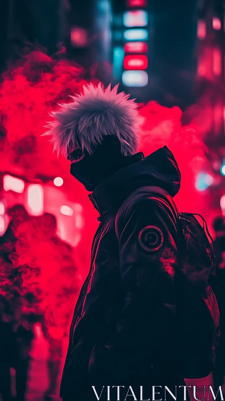 Masked street figure in neon magenta haze, high contrast cyberpunk