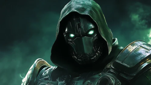Armored hooded cyborg stares forward with glowing eyes
