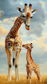 Mother giraffe and calf standing in golden grassland.