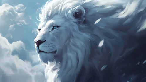 Sky-borne white lion watching over a quiet cloud realm.