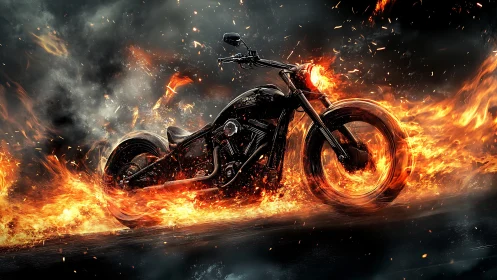 Flaming black motorcycle tears through infernal highway.