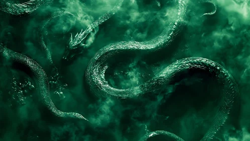 Serpentine dragon coils through emerald mist in dynamic perspective
