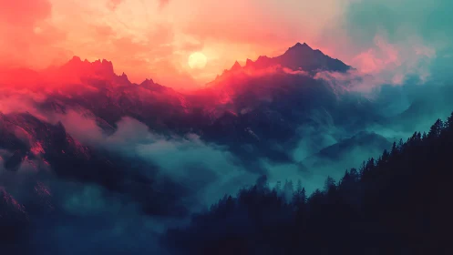 Crimson mist over neon-lit mountain peaks at sundown.