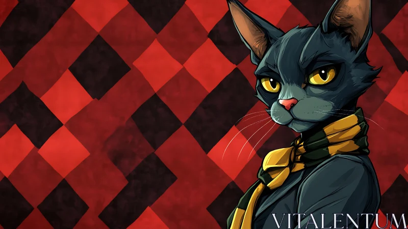 Black cat wearing gold-trimmed collar against red diamond pattern background.