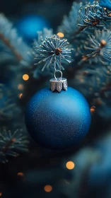 Blue Christmas ornament glows softly amid frosted pine boughs