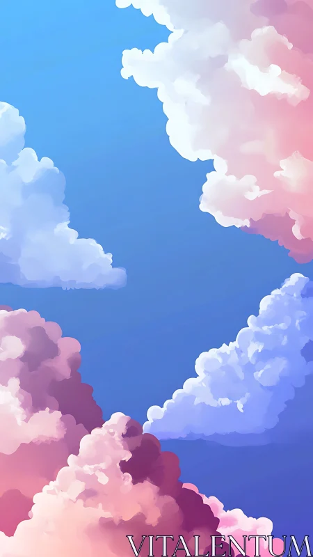 Digital sky illustration shows layered pastel cumulus clouds