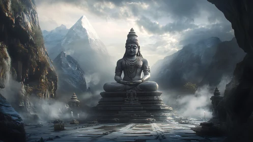 Colossal Shiva statue in misty Himalayan mountain valley.