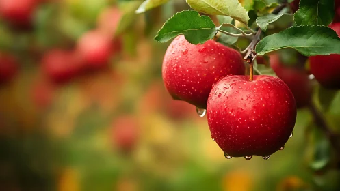 Sunlit red apples hang ripe and glistening after soft rain
