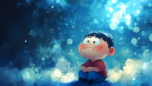 Pensive cartoon child under glowing blue night sky.