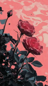 Crimson Roses Against Flowing Coral Abstract Background.