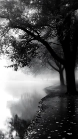 Fog-draped riverside path winds beneath shadowed trees.