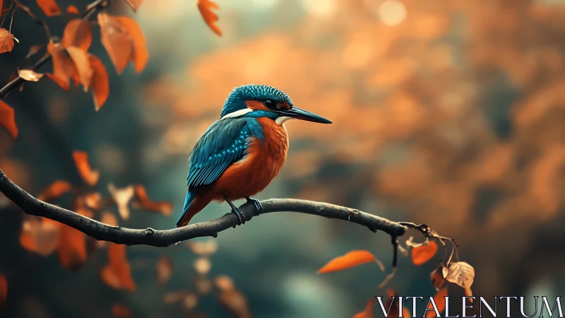 Vibrant kingfisher on autumn branch in soft, dreamy bokeh style.