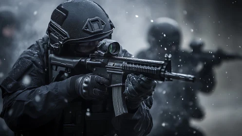 Armed tactical operator advances in snowfall with focused aim